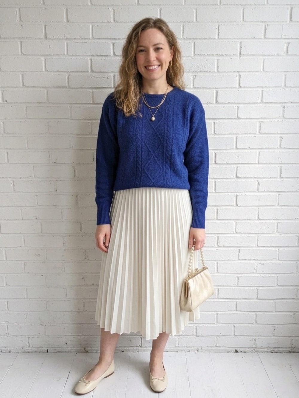 Vintage 80s Cobalt Blue Angora Blend Pearl Back Cable Knit Sweater Sz 38 M